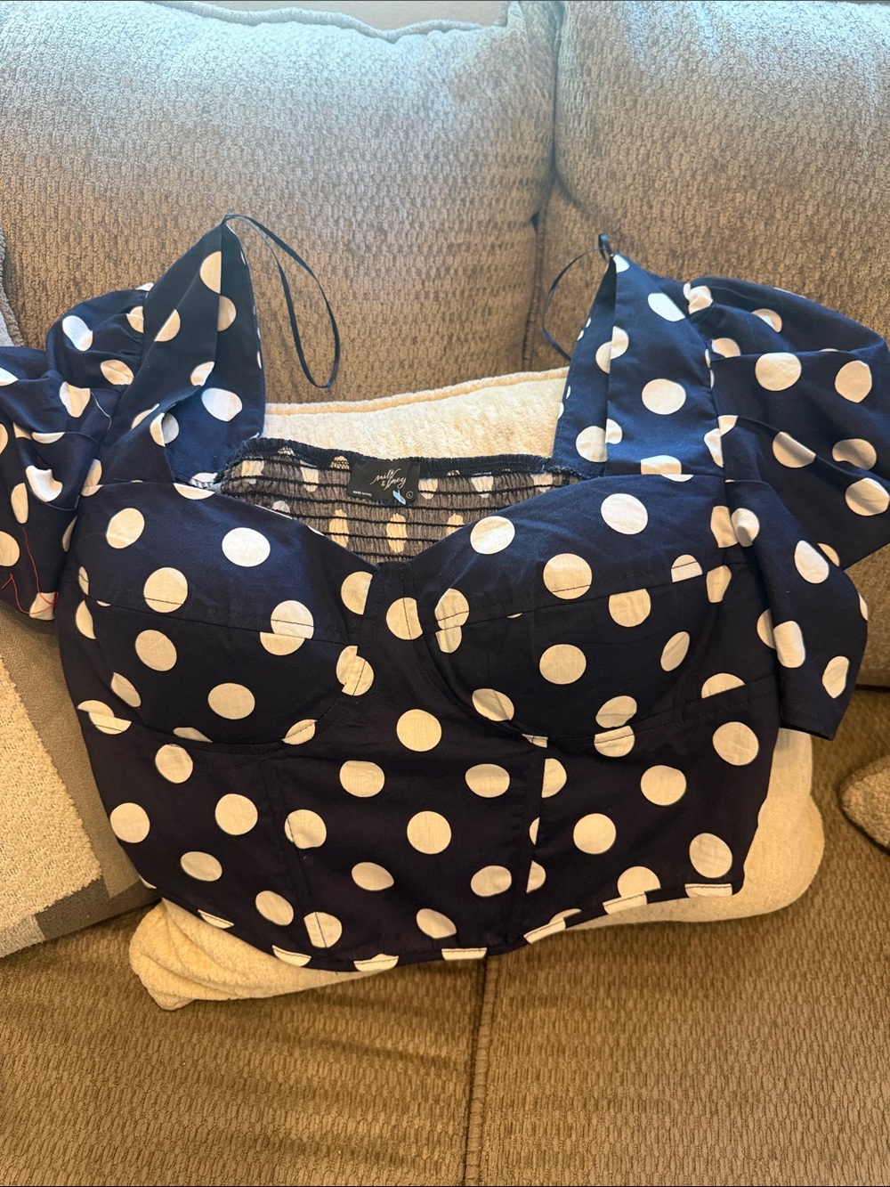 Polka Dot Navy Sweetheart Crop Top with Puff Tie Straps